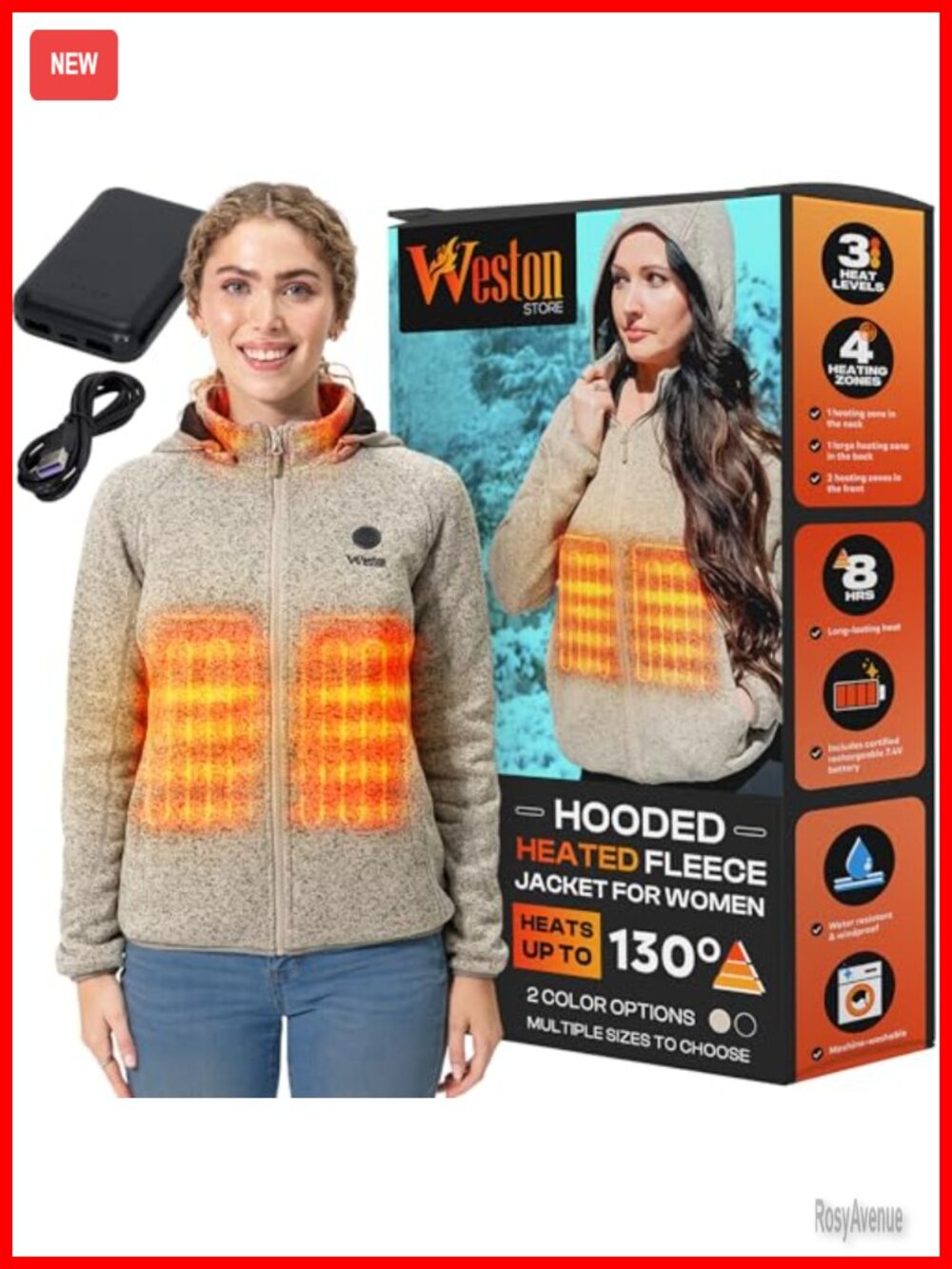 Women's Heated Fleece Jacket Rechargeable Electric Zip-Up Removable Hood